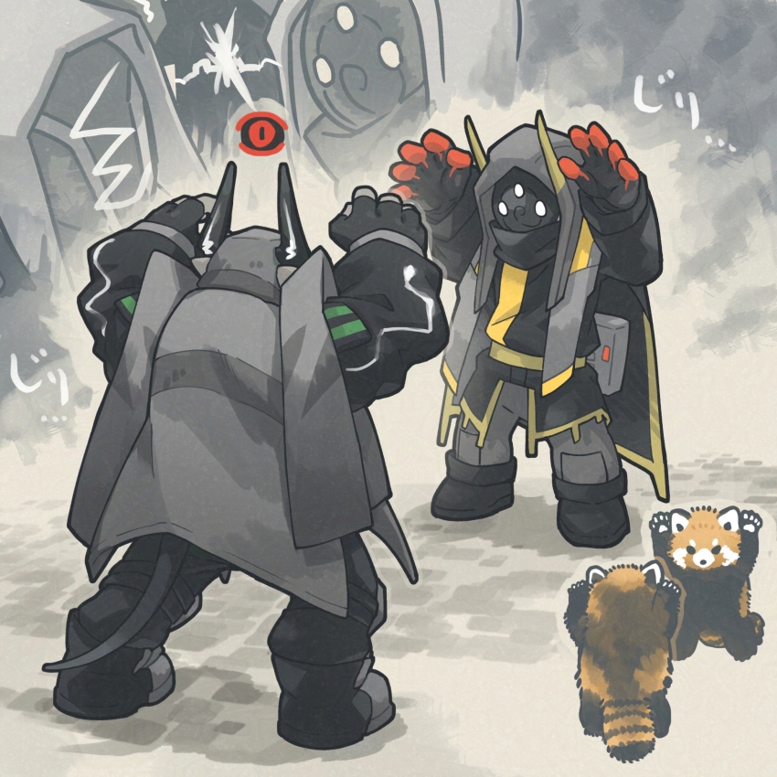 arknights arms_up black_boots black_mask black_shirt boots commentary_request full_body grey_background grey_cloak grey_pants highres hood hood_up horns long_sleeves looking_at_another male_focus morini_ochiteru pants red_panda sarkaz_grudgebearer_(arknights) shirt tail trait_connection