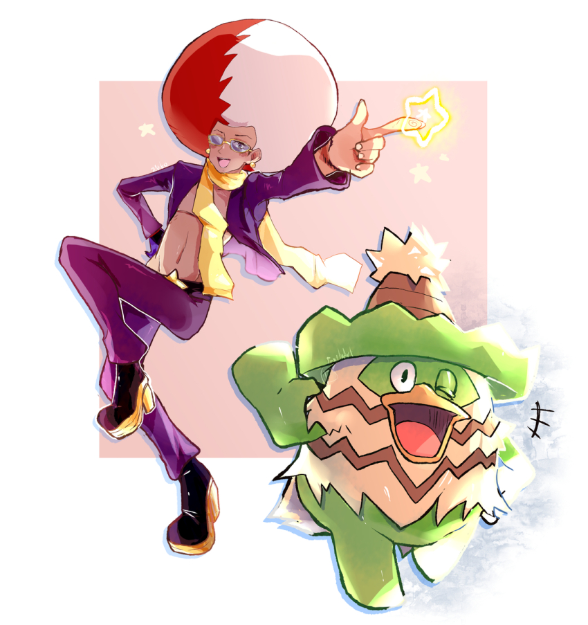 afro dancing gen_3_pokemon highres ludicolo miror_b._(pokemon) multicolored_hair nintendo one_eye_closed pointing pokemon pokemon_(creature) pokemon_colosseum pokemon_xd ragou2niko scarf sunglasses wink