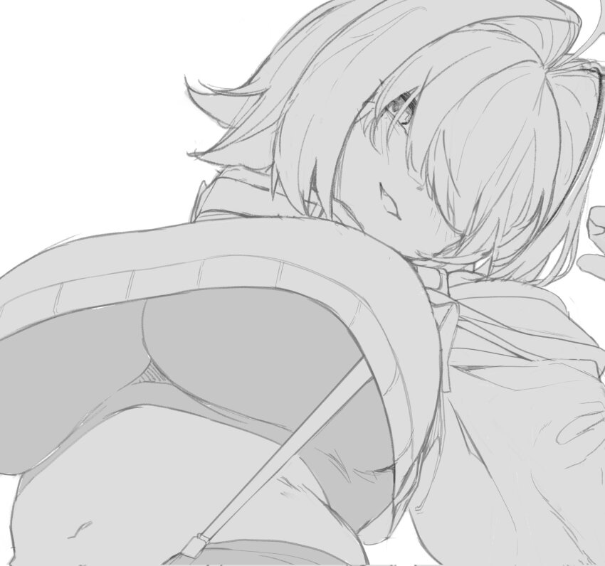 1girl :d ahoge blush breasts crop_top cropped_sweater elegg_(nikke) goddess_of_victory:_nikke greyscale hair_intakes hair_over_eyes highres large_breasts long_bangs looking_at_viewer midriff monochrome navel nine_(kanine41) open_mouth short_hair smile solo sports_bra suspenders sweater