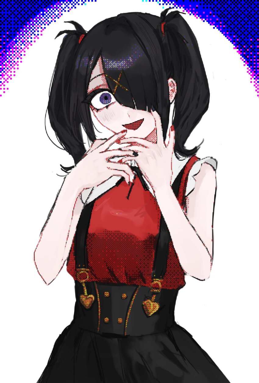 1girl ame-chan_(needy_girl_overdose) arms_up ben-day_dots black_hair chromatic_aberration color_filter commentary_request crazy_grin hair_ornament hair_over_one_eye hands_up heavy_chromatic_aberration highres looking_at_viewer multicolored_nails nail_polish neck_ribbon needy_girl_overdose open_mouth outstretched_hand purple_eyes red_shirt ribbon sanmanako screentones shirt short_twintails skirt solo spotlight suspender_skirt suspenders twintails upper_body x_hair_ornament