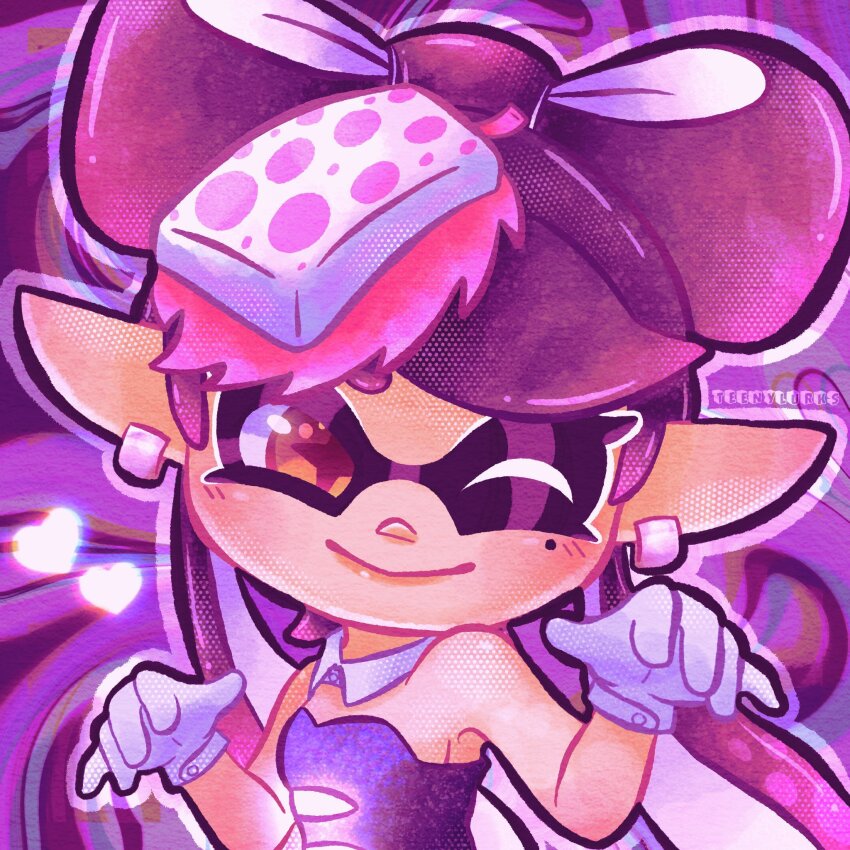 1girl artist_name black_hair callie_(splatoon) callie_(squid_sisters_outfit)_(splatoon) close-up closed_mouth deformed detached_collar dress glowing_clothes heart highres light_blush lipgloss nintendo one_eye_closed orange_eyes outline pink_theme pointy_ears portrait sideways_glance smile solo splatoon_(series) stay_fresh_(pose) strapless strapless_dress teenylurks triangle_nose wing_collar