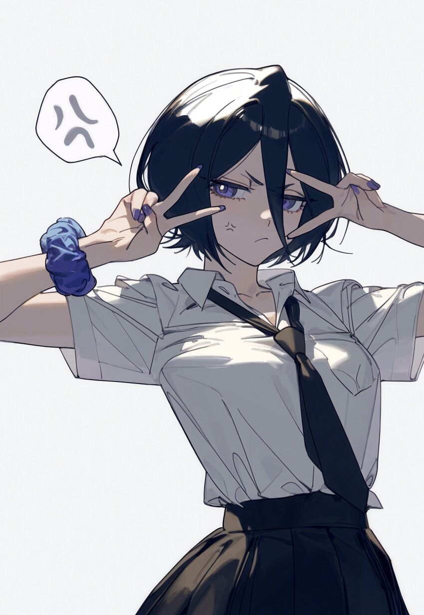 1girl anger_vein black_hair black_necktie black_skirt bleach collared_shirt double_v eatsleep1111_(ai_chan_1111) highres karakura_high_school_uniform kuchiki_rukia necktie purple_eyes purple_nails school_uniform shirt skirt solo upper_body v white_shirt