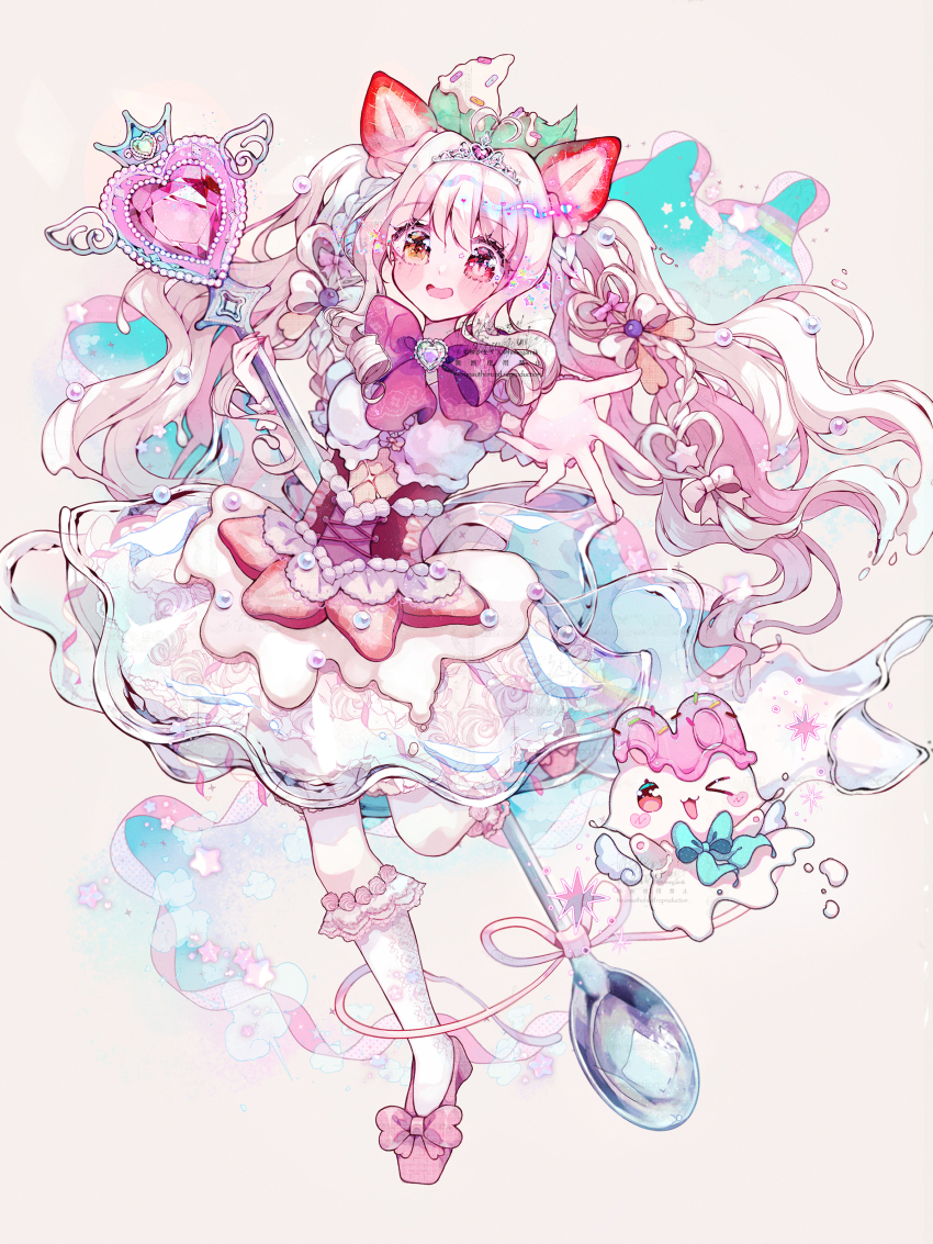 1girl :d absurdres blush bow bowtie braid commission dress food food-themed_hair_ornament frills fruit full_body hair_bow hair_ornament heart heterochromia highres himegamik holding holding_spoon kneehighs long_hair looking_at_viewer magical_girl open_mouth original pink_bow red_eyes sensitive shoes smile socks solo spoon strawberry twintails very_long_hair white_dress white_hair yellow_eyes