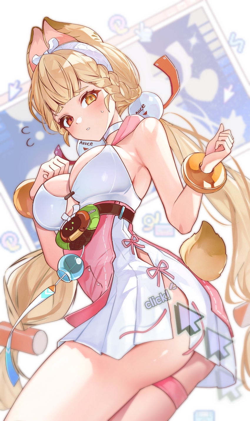 1girl absurdres alice_thymefield alice_thymefield_(sea_of_thyme) animal_ear_fluff animal_ears ass blonde_hair blush braid breasts character_name cleavage clothing_cutout commentary_request cowboy_shot cursor flying_sweatdrops heterochromia highres hokkul large_breasts long_hair looking_at_viewer low_twintails official_alternate_costume one-piece_swimsuit pink_one-piece_swimsuit rabbit_ears rabbit_girl rabbit_tail red_eyes side_braid simple_background solo swimsuit tail tail_through_clothes thigh_strap thighs twintails white_background yellow_eyes zenless_zone_zero