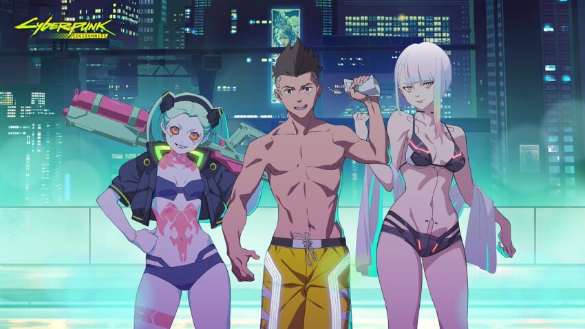 1boy 2girls bikini black_bikini cd_projekt_red cyberpunk:_edgerunners cyberpunk_(series) david_martinez hagano_yoshifumi holding_juice_box jacket looking_at_viewer lucy_(cyberpunk) multiple_girls night official_art open_clothes open_jacket pool rebecca_(cyberpunk) second-party_source shorts smile swimsuit trigger_(company) water_gun yellow_shorts