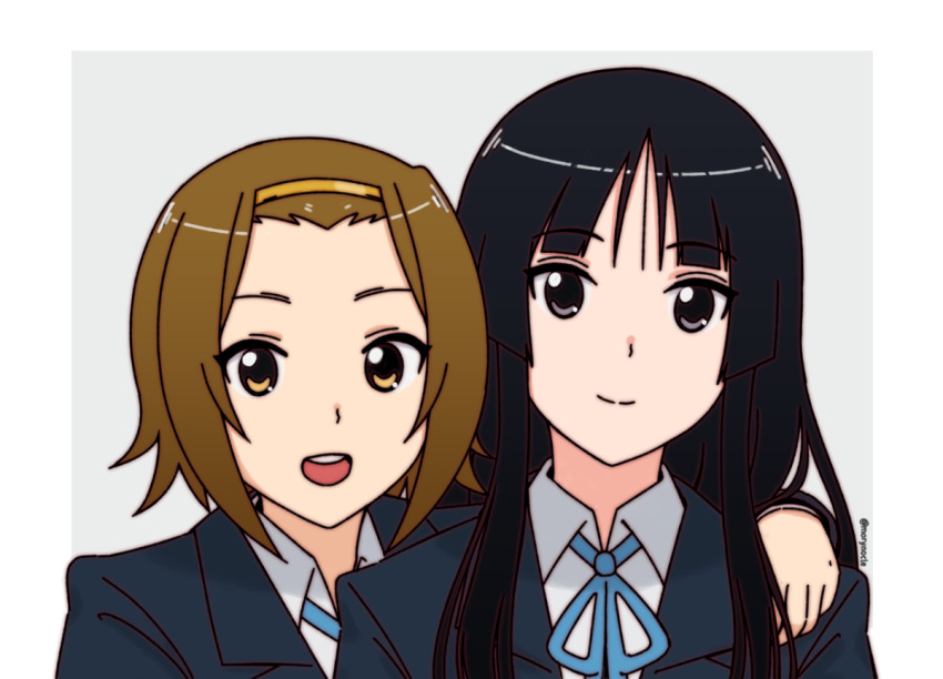2girls :d akiyama_mio arm_around_shoulder artist_name black_eyes black_hair blazer blue_jacket blue_ribbon blunt_bangs brown_eyes brown_hair closed_mouth collared_shirt commentary_request forehead hairband hime_cut jacket k-on! long_hair long_sleeves looking_at_viewer morynocle multiple_girls neck_ribbon open_mouth ribbon sakuragaoka_high_school_uniform school_uniform shirt short_hair sidelocks smile tainaka_ritsu twitter_username upper_body watermark white_shirt yellow_hairband