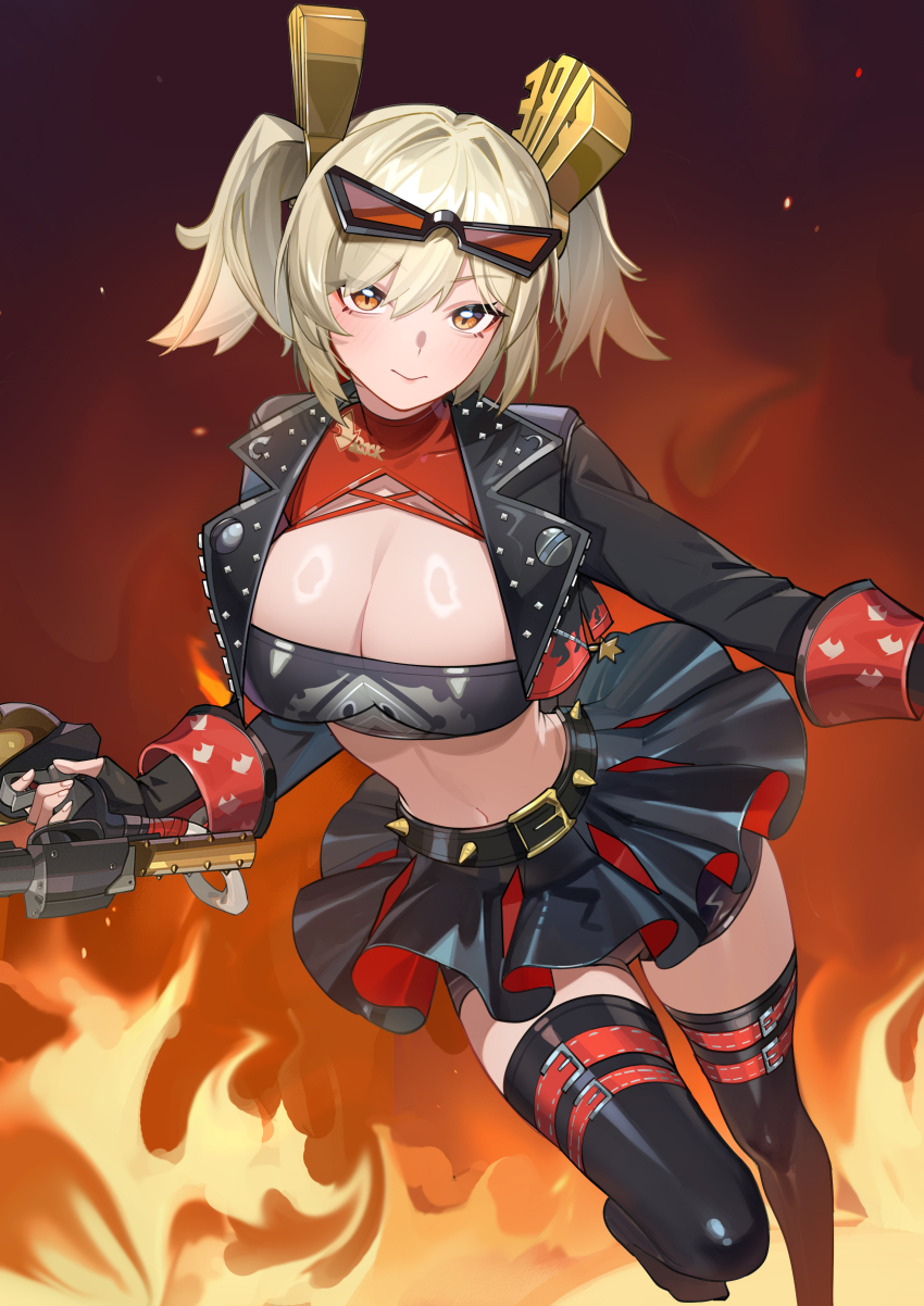 1girl absurdres belt black_belt black_gloves black_jacket black_skirt black_thighhighs black_tube_top blonde_hair breasts burnice_white cleavage closed_mouth commentary_request crop_top cropped_jacket eyewear_on_head fingerless_gloves fire gloves highres jacket large_breasts looking_at_viewer medium_hair navel skirt solo spiked_belt strapless sunglasses thighhighs tube_top turtleneck twintails yellow_eyes yueyueyue_yao zenless_zone_zero