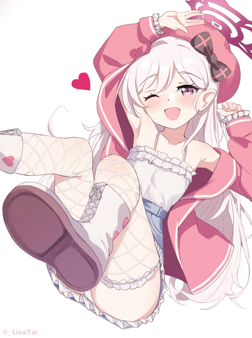 1girl absurdres blue_archive blue_skirt boots fishnet_thighhighs fishnets grey_hair halo hat heart high-waist_skirt highres jacket lace-up_boots linatai loli long_hair long_sleeves mutsuki_(blue_archive) one_eye_closed open_mouth panties pantyshot pink_eyes pink_jacket pointy_ears purple_halo simple_background skirt smile solo thighhighs underwear white_background white_hair white_panties