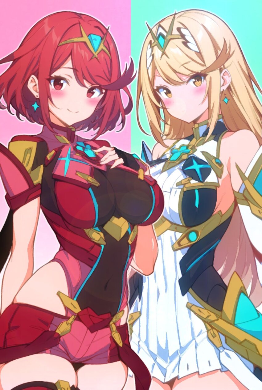 2girls blonde_hair breasts chest_jewel dress fingerless_gloves gem gloves green_background hair_ornament headpiece highres jewelry kakk_e large_breasts multicolored_background multiple_girls mythra_(massive_melee)_(xenoblade) mythra_(xenoblade) nintendo pink_background pyra_(xenoblade) red_eyes red_hair short_hair shorts simple_background swept_bangs tiara white_dress xenoblade_chronicles_(series) xenoblade_chronicles_2 yellow_eyes