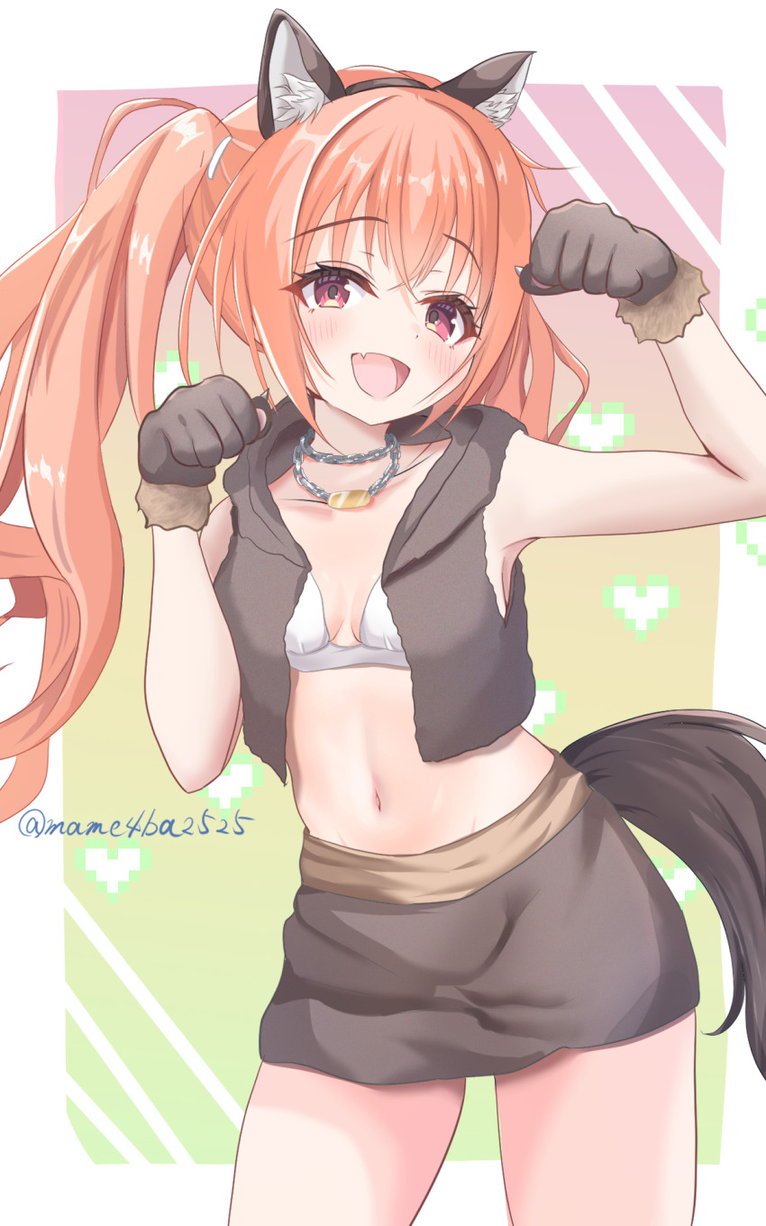 1girl :d animal_ear_fluff animal_ears animal_hands blush bra breasts breasts_apart brown_skirt brown_vest chain chain_necklace collarbone commentary cowboy_shot crossed_bangs eyelashes fake_animal_ears fake_tail fang gloves hair_between_eyes halloween_costume hands_up happy highres inaba_meguru jewelry long_hair looking_at_viewer mame4ba2525 miniskirt navel necklace official_alternate_costume official_alternate_hairstyle open_clothes open_mouth open_vest orange_hair paw_gloves paw_pose red_eyes sanoba_witch skin_fang skirt small_breasts smile solo tail tsurime twintails twitter_username underwear vest white_bra wolf_ears wolf_tail