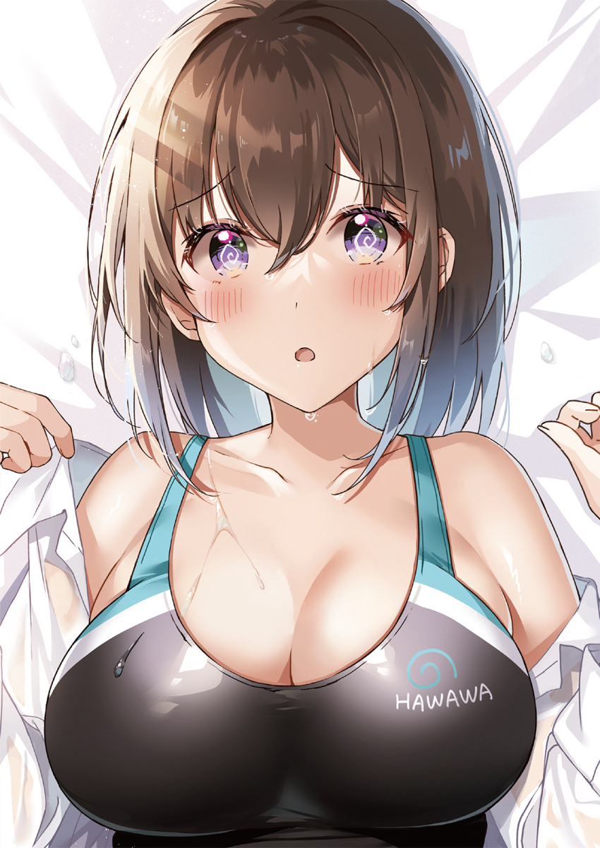1girl :c @_@ bare_shoulders blush breasts brown_hair cleavage collarbone collared_shirt competition_swimsuit cropped dot_nose hair_between_eyes hand_up hawawa-chan_(shiro_kuma_shake) highres large_breasts long_bangs looking_at_viewer lying medium_hair off_shoulder on_back one-piece_swimsuit open_mouth original portrait purple_eyes racerback see-through_clothes see-through_shirt shirt sidelocks sirokuma_shake solo swimsuit water_drop wet wet_clothes wet_hair wet_shirt white_shirt