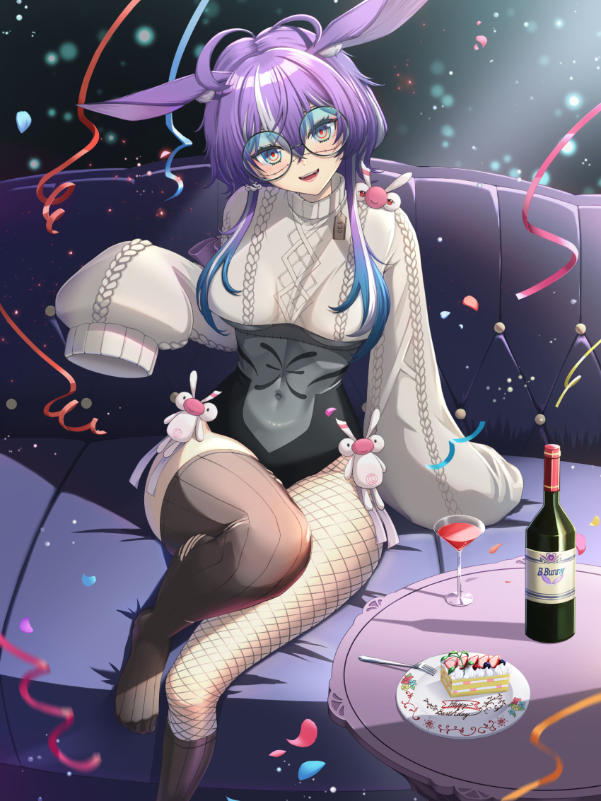 1girl alcohol animal_ears antenna_hair black_thighhighs blue_hair bottle breasts chiga_akira fishnet_pantyhose fishnets glasses grey_eyes grey_sweater highres jared_(michi_mochievee) large_breasts looking_at_viewer michi_mochievee michi_mochievee_(bunny) multicolored_hair open_mouth pantyhose patchwork_skin purple_hair rabbit_ears red_wine short_hair short_hair_with_long_locks sidelocks single_leg_pantyhose single_thighhigh sleeves_past_fingers sleeves_past_wrists smile solo streaked_hair sweater thighhighs virtual_youtuber vshojo wine wine_bottle