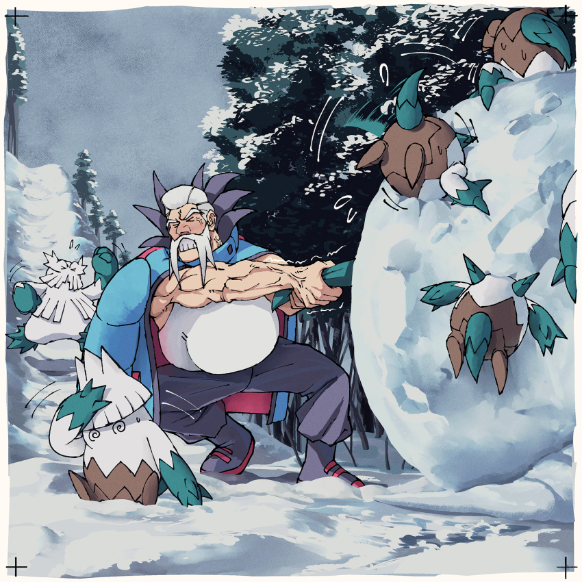 &gt;_&lt; 1boy abomasnow blue_jacket boots border clenched_teeth closed_eyes commentary_request facial_hair flying_sweatdrops game_freak gen_4_pokemon highres holding how_long jacket jacket_on_shoulders male_focus muscular muscular_male nintendo outdoors pants pokemon pokemon_(creature) pokemon_xy pulling shirt snover snow snowball stuck teeth trembling veins white_border white_shirt wulfric_(pokemon)