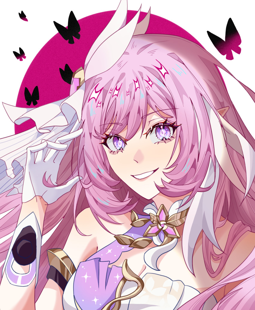 1girl absurdres bare_shoulders breasts bug butterfly cleavage commission corset diamond-shaped_pupils diamond_(shape) elf elysia_(herrscher_of_human:_ego)_(honkai_impact) elysia_(honkai_impact) gloves highres honkai_(series) honkai_impact_3rd insect large_breasts lawleeds long_hair looking_at_viewer multicolored_hair oval_background parted_lips pink_background pink_hair pointy_ears portrait purple_eyes second-party_source smile solo symbol-shaped_pupils triquetra two-tone_background two-tone_hair veil white_background white_corset white_gloves white_hair white_veil