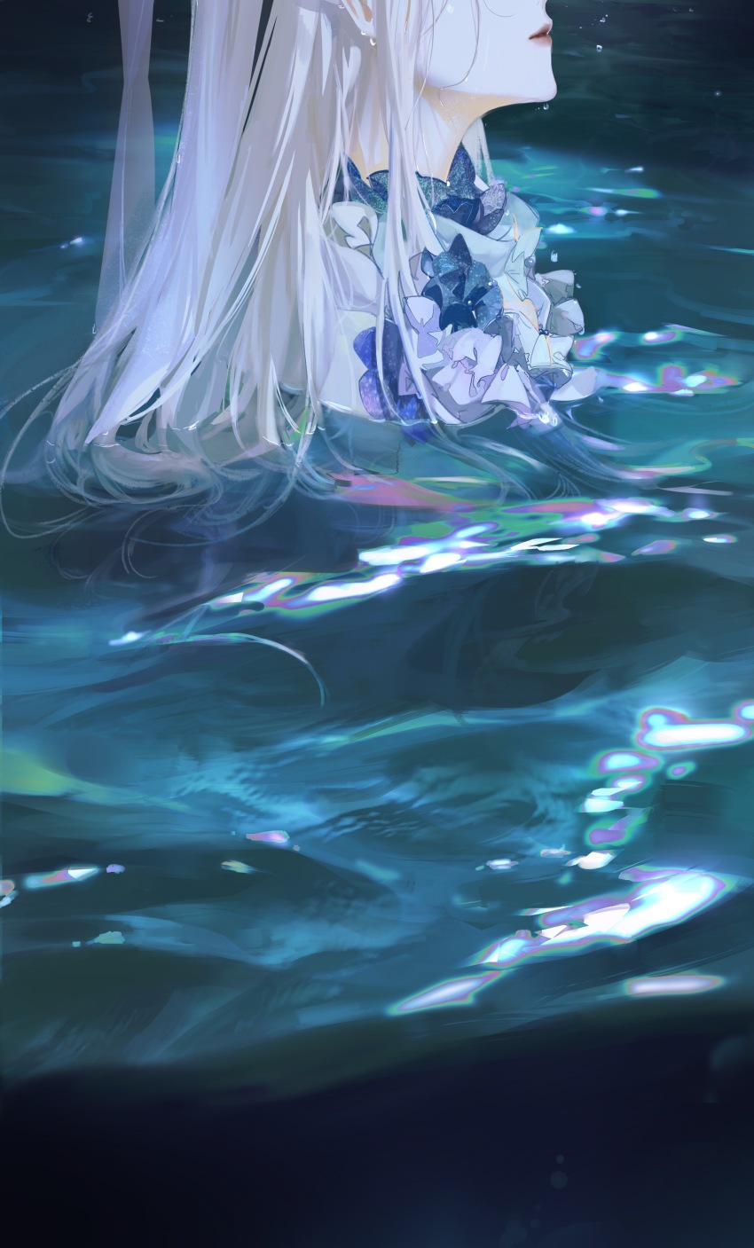 1boy absurdres blue_flower chinese_clothes eyes_out_of_frame facing_up flower from_side hanfu head_out_of_frame highres jin_yanxia jinguang_budaixi long_hair long_sidelocks male_focus parted_lips partially_submerged portrait sidelocks solo water water_drop weizhidaodao wet wet_hair white_hair white_hanfu