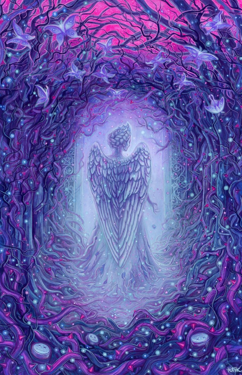 1girl acrylic_gouache_(medium) angel angel_wings braid bug commentary crown dress english_commentary facing_away highres insect kelly_mckernan moth original painting_(medium) pink_sky short_hair signature sky solo thorns traditional_media watercolor_(medium) wings