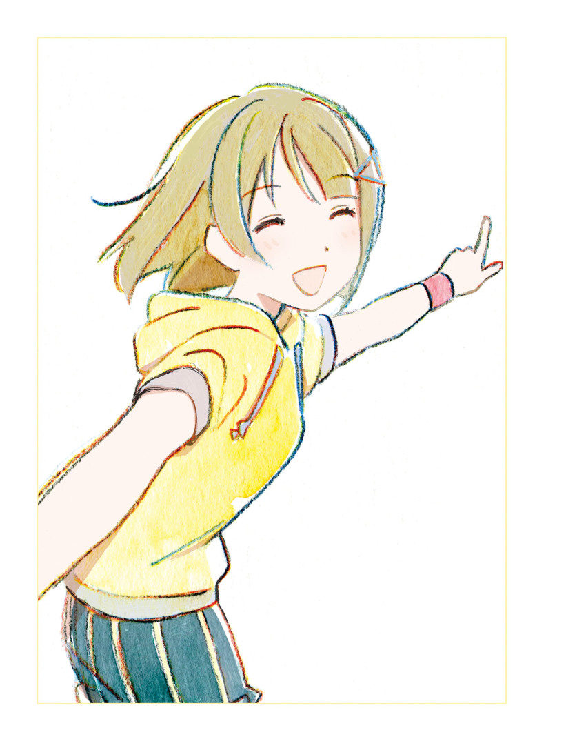 1girl :d ^_^ artbook blue_shorts chromatic_aberration closed_eyes cowboy_shot drawstring grey_hair hair_ornament hairclip highres hood hood_down hoodie love_live! love_live!_nijigasaki_high_school_idol_club nakasu_kasumi neo_sky_neo_map!_(love_live!) non-web_source official_art open_mouth pointing short_hair short_sleeves shorts simple_background skirt smile solo striped_clothes striped_skirt white_background wristband x_hair_ornament yellow_hoodie