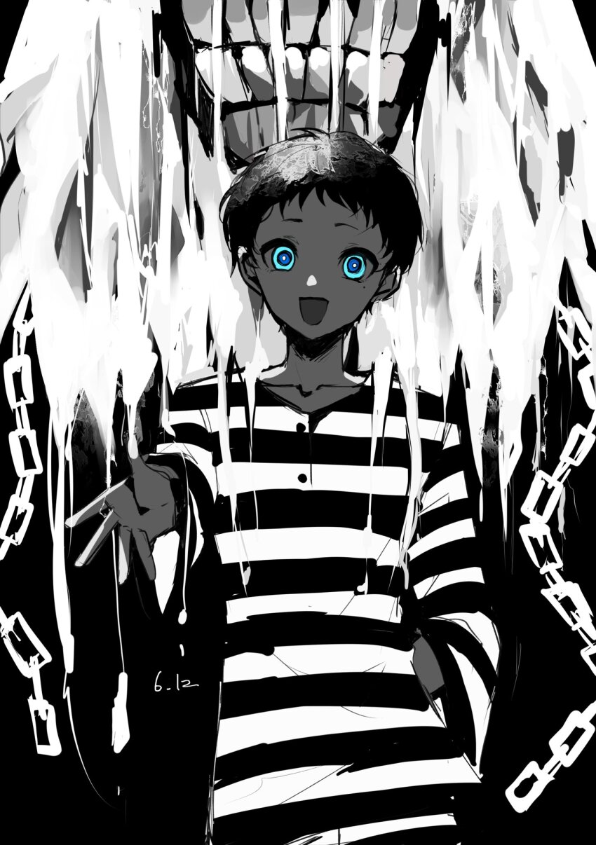 1boy blue_eyes chain collarbone cowboy_shot greyscale hand_in_pocket highres long_sleeves looking_at_viewer male_focus monochrome open_mouth outstretched_arm outstretched_hand persona persona_3 pharos shirt short_hair spot_color striped_clothes striped_shirt teeth teketeke_(tasutekete) thanatos_(persona)