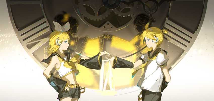 1boy 1girl absurdres aku_no_musume_(vocaloid) allen_avadonia arm_behind_back arm_out_of_sleeve arm_warmers bare_shoulders belt black_sailor_collar black_shorts blonde_hair bow brother_and_sister clock closed_mouth commentary commentary_request cowboy_shot crop_top crop_top_overhang detached_sleeves different_reflection dress english_commentary evillious_nendaiki eye_contact from_side gears glowing grey_background hair_bow hand_on_own_hip headphones highres holding_hands irple jacket kagamine_len kagamine_rin looking_at_another midriff mixed-language_commentary navel neckerchief ponytail puffy_short_sleeves puffy_sleeves reflection regret_message_(vocaloid) riliane_lucifen_d&#039;autriche roman_numeral sailor_collar shirt short_hair short_sleeves shorts siblings silhouette smile twins vocaloid white_background white_shirt yellow_dress yellow_jacket yellow_neckerchief