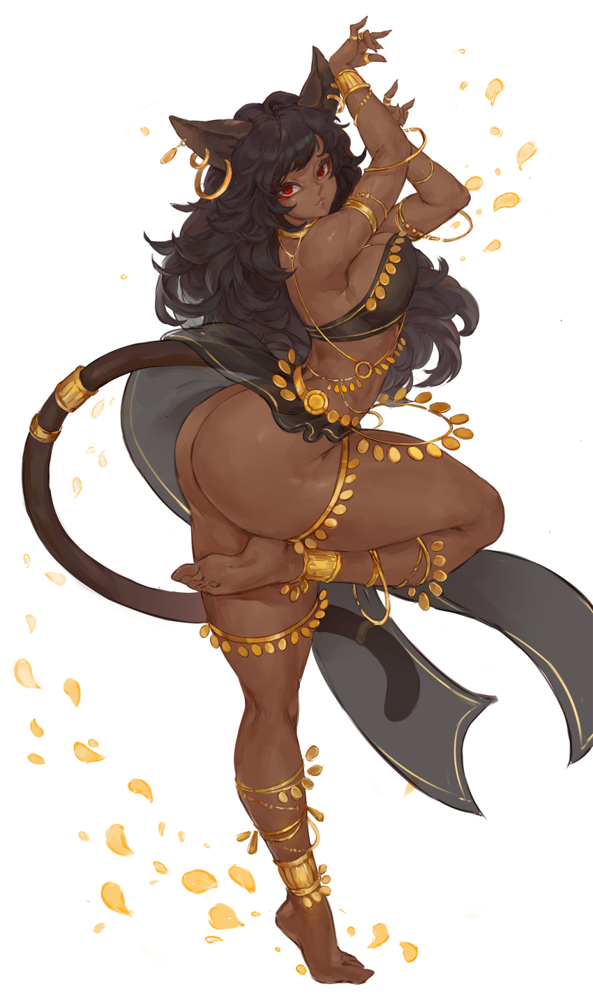 1girl :3 absurdres animal_ears armlet armpits ass bangle bare_shoulders barefoot black_bra bra bracelet breasts cat_ears cat_girl cat_tail claws cleavage closed_mouth dancer dancing dark-skinned_female dark_skin earrings falling_petals floating_earrings gold gold_anklet gold_bracelet gold_choker gold_earrings gold_necklace gold_ring gold_thighlet golden_armlet highres hoop_earrings huge_ass jewelry long_hair looking_at_viewer median_furrow medium_breasts multiple_anklets multiple_armlets multiple_bracelets multiple_rings necklace no_panties orange_petals original pelvic_curtain petals red_eyes ring simple_background slit_pupils standing standing_on_one_leg swept_bangs tail tail_ornament tail_ring tezy8art thick_thighs thighs underwear wavy_hair white_background