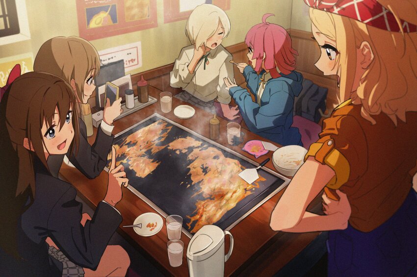 5girls :d absurdres ahoge bandana black_jacket blonde_hair blue_jacket blunt_bangs blunt_ends bob_cut bow brown_hair buttons closed_eyes collared_shirt cup dress_shirt drinking_glass empty_plate feeding griddle hair_between_eyes hair_bow hair_over_one_eye half_updo hands_on_own_hips highres holding holding_phone holding_spoon hood hooded_jacket index_finger_raised jacket kishimen_hair long_hair long_sleeves love_live! love_live!_nijigasaki_high_school_idol_club love_live!_school_idol_festival_all_stars medium_hair mia_taylor miniskirt miyashita_ai miyashita_ai_(thank_you_for_coming!) monjayaki moshi_(0364p) multiple_girls nakasu_kasumi neck_ribbon nijigasaki_school_uniform one_eye_covered open_mouth orange_eyes orange_shirt osaka_shizuku phone pink_hair plaid_clothes plaid_skirt plate pleated_skirt red_bandana red_bow ribbon school_uniform shirt short_hair short_sleeves sidelocks sitting skirt sleeves_past_wrists slice_of_life smile spoon standing tennoji_rina water white_shirt white_skirt winter_uniform yellow_ribbon