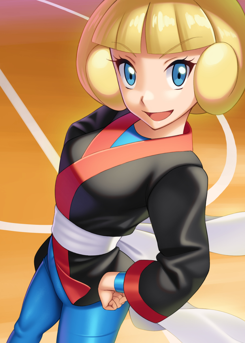 1girl :d black_jacket blonde_hair blue_bodysuit blue_eyes blunt_bangs bodysuit commentary_request eyelashes greta_(pokemon) hand_on_own_hip happy highres jacket nintendo open_mouth orange_background pants pokemon pokemon_emerald pokemon_rse short_hair smile solo standing tongue watanuki_kaname