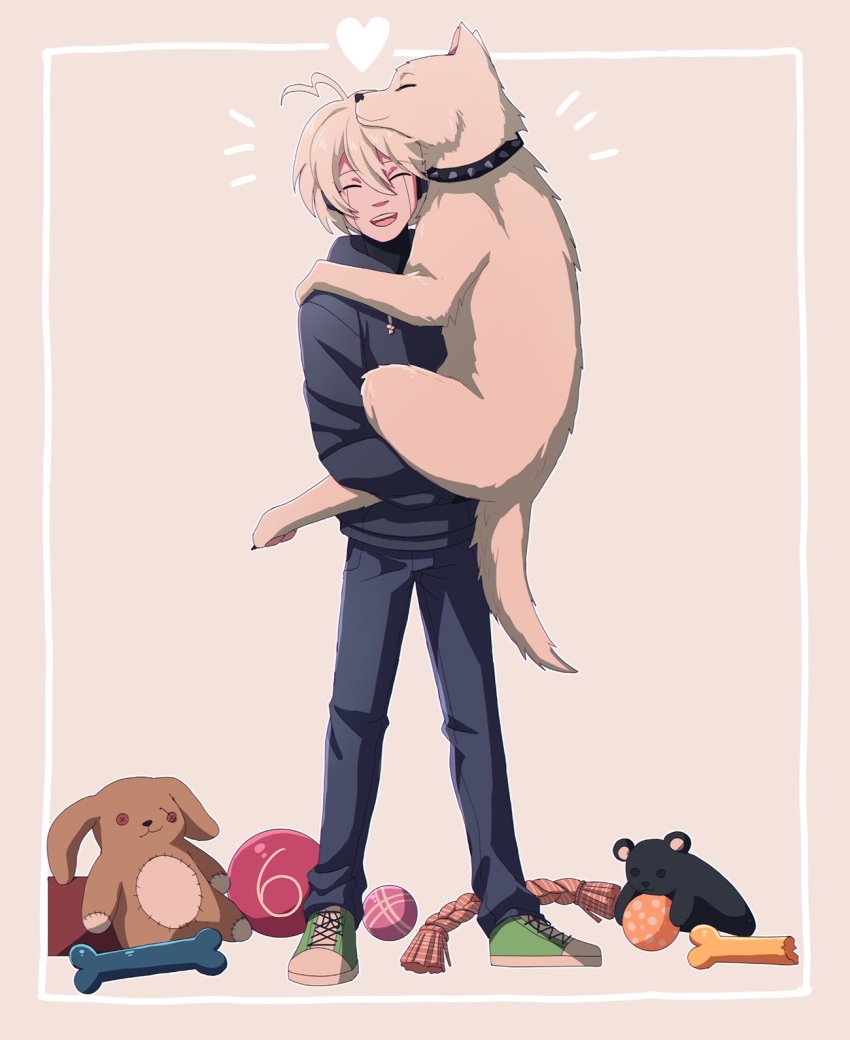 1boy :d alternate_costume animal animal_collar ball black_pants black_sweater blonde_hair bone cheer_(cheerpuppy14) closed_eyes collar commentary danganronpa_(series) danganronpa_v3:_killing_harmony dog english_commentary facing_viewer green_footwear heart highres holding holding_animal k1-b0 male_focus notice_lines open_mouth pants shoes simple_background smile spiked_collar spikes standing stuffed_animal stuffed_hamster stuffed_rabbit stuffed_toy sweater
