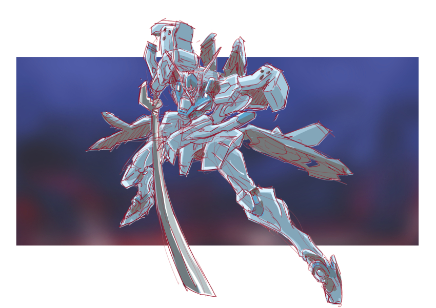 assault_visor highres holding holding_sword holding_weapon looking_down mecha mecha_focus muv-luv muv-luv_alternative no_humans robot shadow sketch sword tactical_surface_fighter taiga_hiroyuki type_94_shiranui weapon
