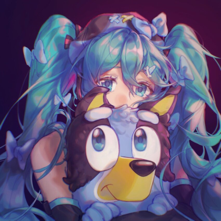 2girls aqua_eyes aqua_hair bluey bluey_heeler crossover detached_sleeves dog_girl furry furry_female hatsune_miku highres long_hair looking_at_another looking_at_viewer mrgx1019 multiple_girls necktie open_mouth shirt simple_background smile thighhighs twintails very_long_hair vocaloid