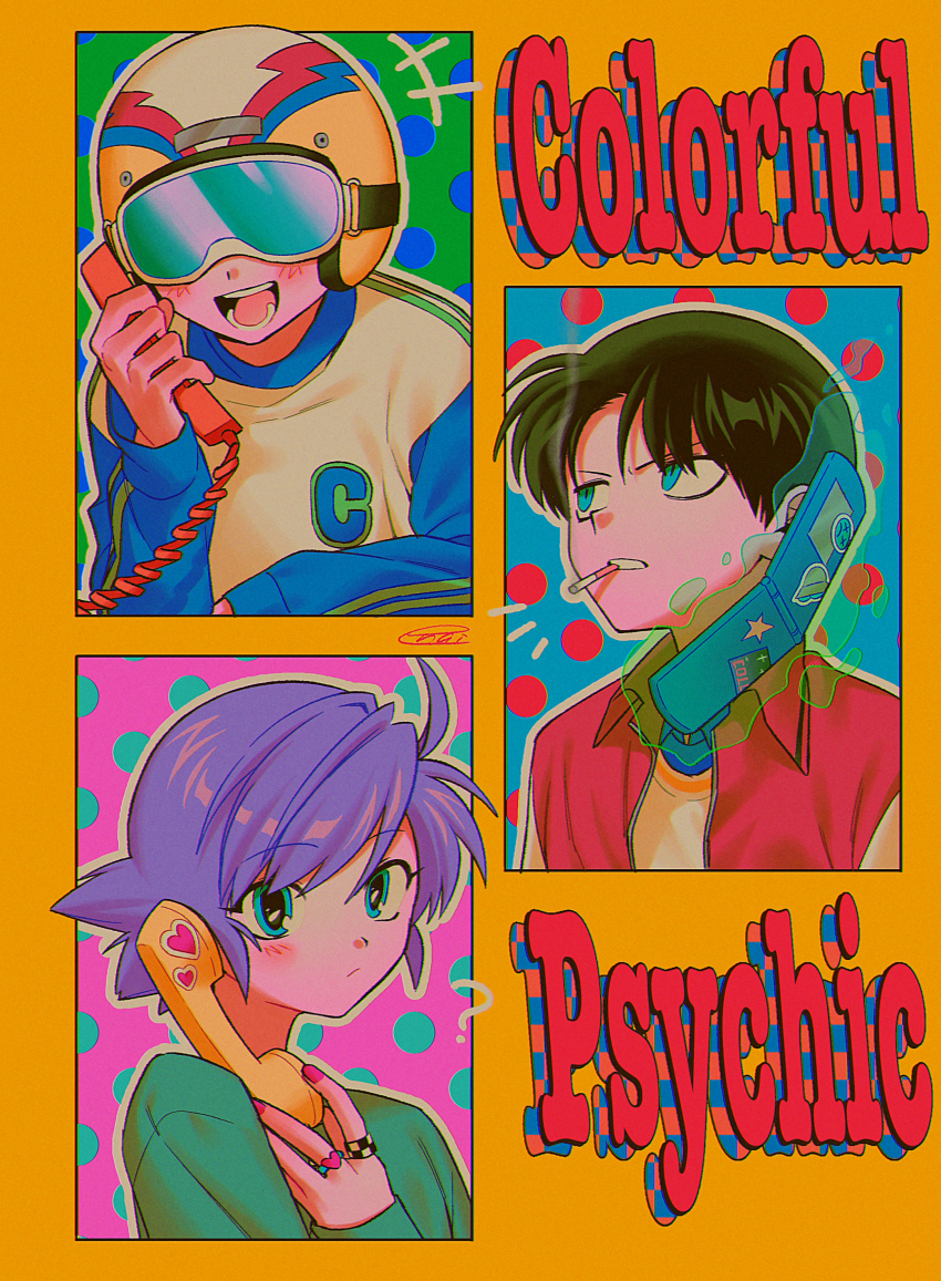 1girl 2boys ? absurdres black_hair blue_eyes blush cellphone character_request cigarette closed_mouth copyright_request goggles helmet highres holding holding_phone jacket long_sleeves looking_at_another looking_at_viewer menma_(enaic31) multiple_boys open_mouth parted_lips phone pink_nails purple_hair red_jacket short_hair smile teeth tongue