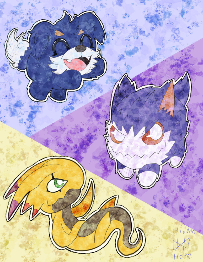 bowmon closed_eyes digimon digimon_(creature) dorimon dragon green_eyes highres kyokyomon red_eyes smile tail