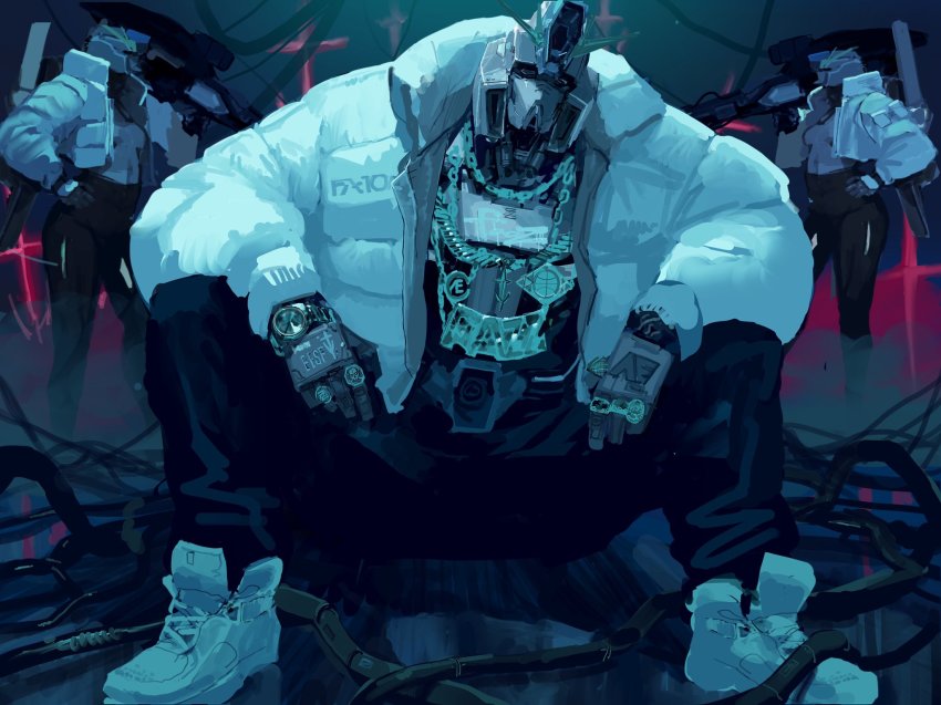 2girls black_pants breasts chain character_name clothed_robot fazz_(gundam) gold_chain gundam gundam_sentinel hand_on_own_hip head_tilt highres hip_hop jacket jewelry mecha medium_breasts mobile_suit multiple_girls pants ring rintaro_komori robot sitting standing v-fin watch white_footwear white_jacket wristwatch yoga_pants