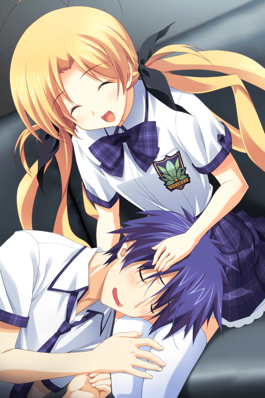 1boy 1girl antenna_hair black_bow black_ribbon blonde_hair blush bow bowtie buttons chaos;head chaos;head_love_chu_chu! closed_eyes couch fingernails game_cg hair_bow hair_ribbon hand_on_another&#039;s_head hand_on_another&#039;s_thigh happy headpat highres indoors lap_pillow long_hair loose_necktie lying lying_on_lap matsuo_yukihiro messy_hair miniskirt multiple_hair_bows necktie nishijou_takumi on_couch on_side open_collar open_mouth orihara_kozue pervert plaid_bow plaid_bowtie plaid_clothes plaid_necktie plaid_skirt plaid_sleeves plaid_trim purple_bow purple_bowtie purple_skirt purple_trim ribbon school_uniform short_hair short_sleeves sitting skirt suimei_academy suimei_school_uniform suimei_summer_uniform thighhighs tongue twintails white_thighhighs zettai_ryouiki