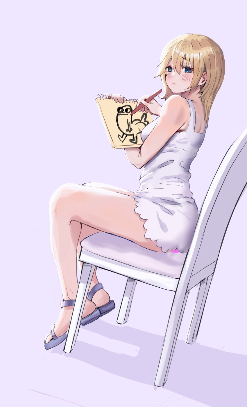 1girl absurdres awesomeerix blonde_hair chair dickbutt dildo dildo_reveal drawing_(object) dress highres holding holding_notepad kingdom_hearts kingdom_hearts:_chain_of_memories namine no_panties notepad object_insertion pencil sandals sex_toy short_dress simple_background sitting sitting_on_dildo solo