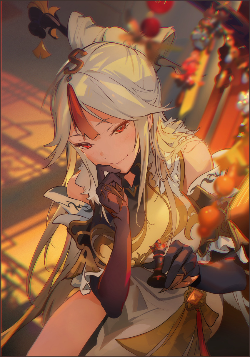 1girl bare_shoulders black_gloves blush breasts china_dress chinese_clothes claw_ring dress elbow_gloves fur_collar genshin_impact gloves hair_ornament hair_stick hairpin highres large_breasts long_hair looking_at_viewer naye ningguang_(genshin_impact) parted_bangs red_eyes sidelocks smile tassel two-tone_dress white_dress white_hair yellow_dress