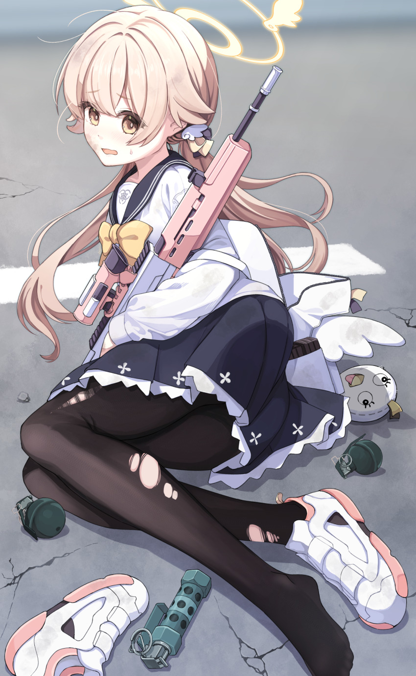 1girl assault_rifle backpack bag black_pantyhose black_skirt blue_archive blurry blurry_background blush bow bowtie brown_bow brown_bowtie brown_eyes brown_hair bullpup dirty dirty_face explosive flashbang grenade gun halo hifumi_(blue_archive) highres holding holding_gun holding_weapon knees_up l85 long_hair looking_at_viewer lying on_side open_mouth pantyhose peroro_(blue_archive) rifle road sailor_collar shirousagi_una shoes single_shoe skirt small_sweatdrop sneakers solo street torn_clothes torn_pantyhose twintails unworn_shoes weapon