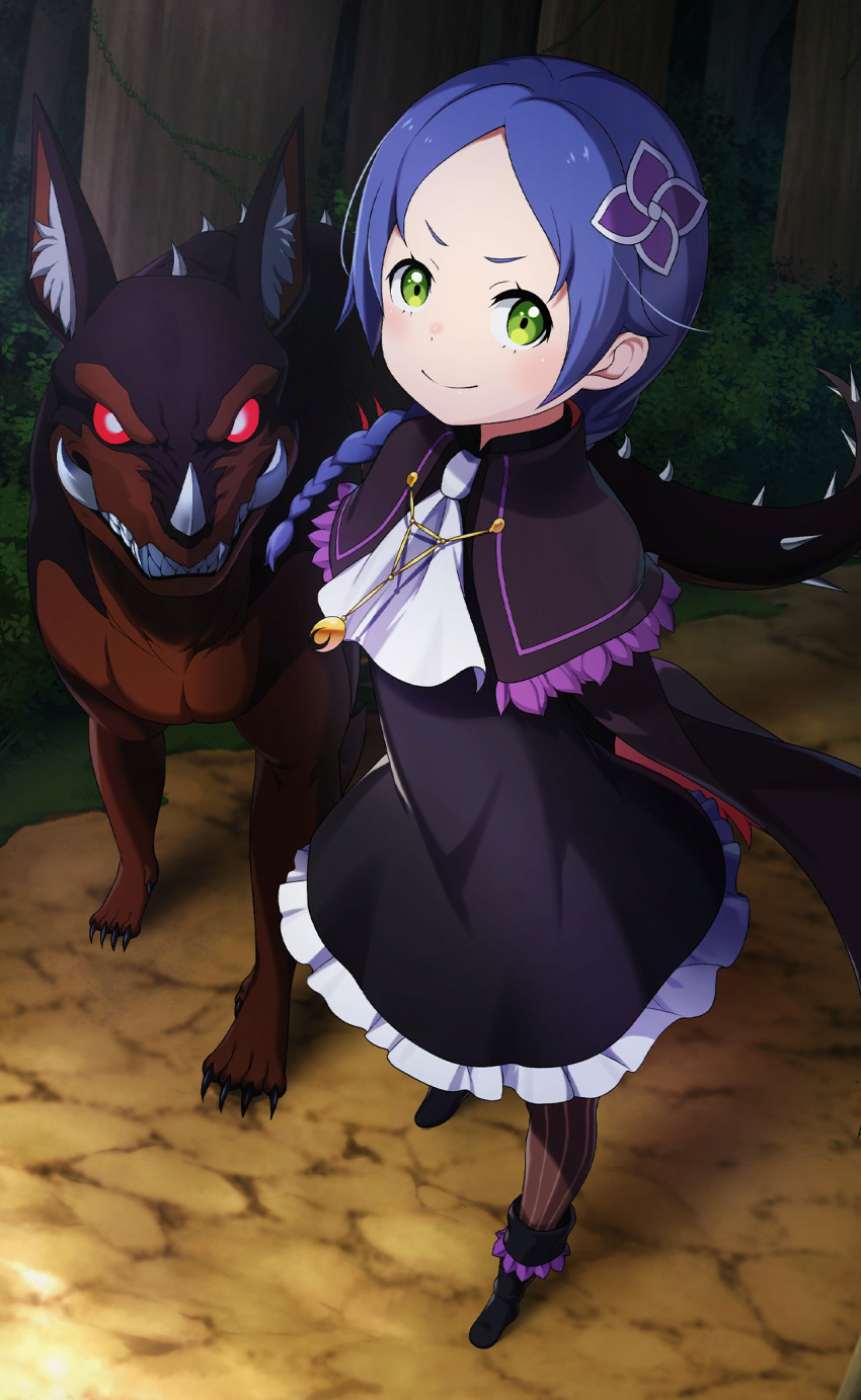 &gt;:) 1girl arms_behind_back black_boots black_cape black_cloak black_dress blue_hair boots braid braided_ponytail cape cloak collared_dress dress flower forehead forest frilled_dress frills full_body green_eyes hair_flower hair_ornament highres long_hair looking_at_viewer low-tied_long_hair low_ponytail meili_portroute monster nature non-web_source official_art outdoors pantyhose parted_bangs ponytail re:zero_kara_hajimeru_isekai_seikatsu re:zero_kara_hajimeru_isekai_seikatsu:_lost_in_memories single_braid smile solo striped_clothes striped_pantyhose v-shaped_eyebrows vertical-striped_clothes vertical-striped_pantyhose