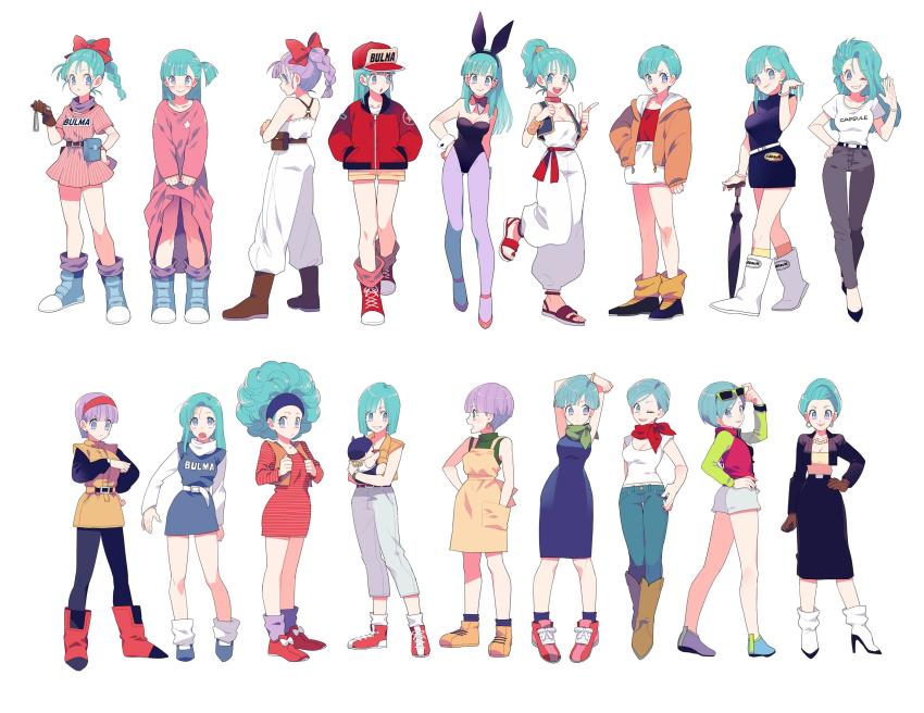 1boy 1girl :d afro age_progression alternate_costume alternate_hairstyle animal_ears baby bare_shoulders black_dress blue_eyes blue_hair boots bracelet braid braided_ponytail breasts brown_gloves bulma cleavage closed_umbrella clothes_lift dragon_ball dragon_ball_(classic) dragon_ball_super dragonball_z dress dress_lift earrings eyewear_on_head fake_animal_ears gloves grey_pantyhose gum_(gmng) hair_ribbon hairband hand_on_own_hip hands_in_pockets hat high_ponytail highres hood hoodie jacket jewelry lace-up_boots leg_up leotard long_hair looking_at_viewer medium_breasts mother_and_son multiple_persona name_tag open_mouth pantyhose planted planted_umbrella playboy_bunny ponytail purple_hair rabbit_ears ribbon scarf shoes short_hair shorts side_ponytail simple_background single_braid single_glove sleeveless sleeveless_dress smile sneakers standing star_(symbol) sunglasses thigh_gap trunks_(dragon_ball) umbrella walking white_background