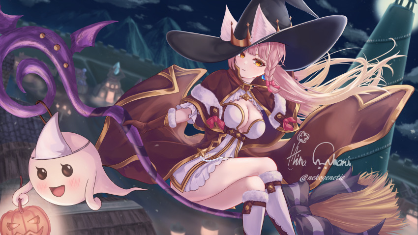 1girl absurdres arch_mage_(ragnarok_online) black_hat blush boots bow braid breasts brown_capelet brown_dress brown_gloves capelet city cleavage commentary_request crown_hat dress feet_out_of_frame flying fur-trimmed_boots fur-trimmed_capelet fur_trim ghost gloves gold_trim hair_bow hat highres in-universe_location large_breasts layered_dress looking_at_viewer lude_(ragnarok_online) mountainous_horizon nekogenetic night night_sky pink_bow pink_hair ragnarok_online single_braid sky smile solo triangular_headpiece white_boots white_dress witch witch_hat yellow_eyes