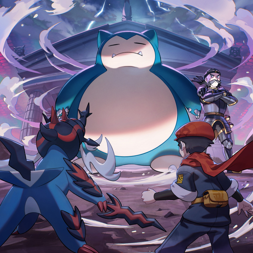 2boys 2others absurdres armor bag claws cloud cloudy_sky crossed_arms from_behind galaxy_expedition_team_survey_corps_uniform gen_1_pokemon hat highres hisuian_samurott kamado_(pokemon) multiple_boys multiple_others nintendo official_art pokemon pokemon_legends:_arceus red_headwear red_scarf rei_(pokemon) satchel scarf sky snorlax stand_off standing sword temple tusks weapon