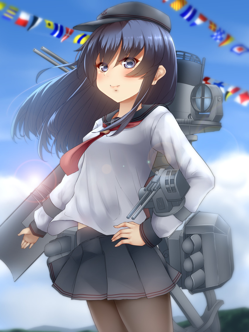 1girl absurdres akatsuki_(kancolle) akatsuki_kai_ni_(kancolle) anchor_symbol black_hat black_pantyhose black_sailor_collar black_skirt blush cloud cowboy_shot day female_focus flags_of_all_nations flat_cap hair_between_eyes hat highres kantai_collection long_hair long_sleeves neckerchief nuka_(nvkka) pantyhose pleated_skirt purple_eyes purple_hair red_neckerchief sailor_collar school_uniform serafuku skirt sky solo string_of_flags torpedo