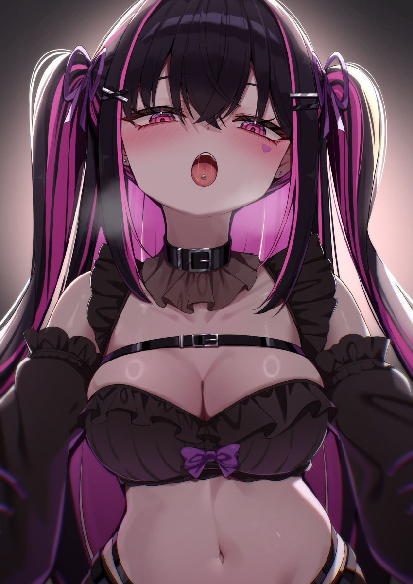 1girl absurdres akuame_(ring3922) black_collar black_hair breasts cleavage collar colored_inner_hair detached_sleeves facial_mark frilled_sleeves frills hair_between_eyes heart heart_facial_mark highres jirai_kei long_hair looking_at_viewer medium_breasts multicolored_hair navel open_mouth original piercing pink_eyes pink_hair solo streaked_hair tongue_piercing twintails