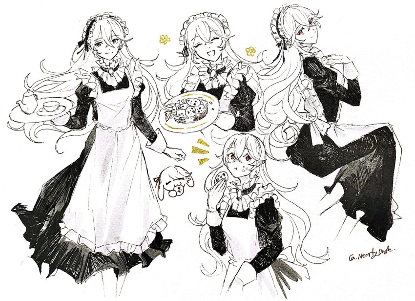 1girl :3 :t alternate_costume apron artist_name black_dress brooch closed_eyes closed_mouth commentary cookie cup dress eating enmaided female_corrin_(fire_emblem) fire_emblem fire_emblem_fates food food_on_face frilled_apron frills gloves greyscale hair_between_eyes highres holding holding_cookie holding_food holding_tray jewelry juliet_sleeves long_hair long_sleeves looking_at_viewer maid maid_apron maid_headdress monochrome multiple_views nearlydusk nintendo open_mouth pointy_ears puffy_sleeves red_eyes signature simple_background smile spot_color symbol-only_commentary tea_set teacup teapot tray white_background