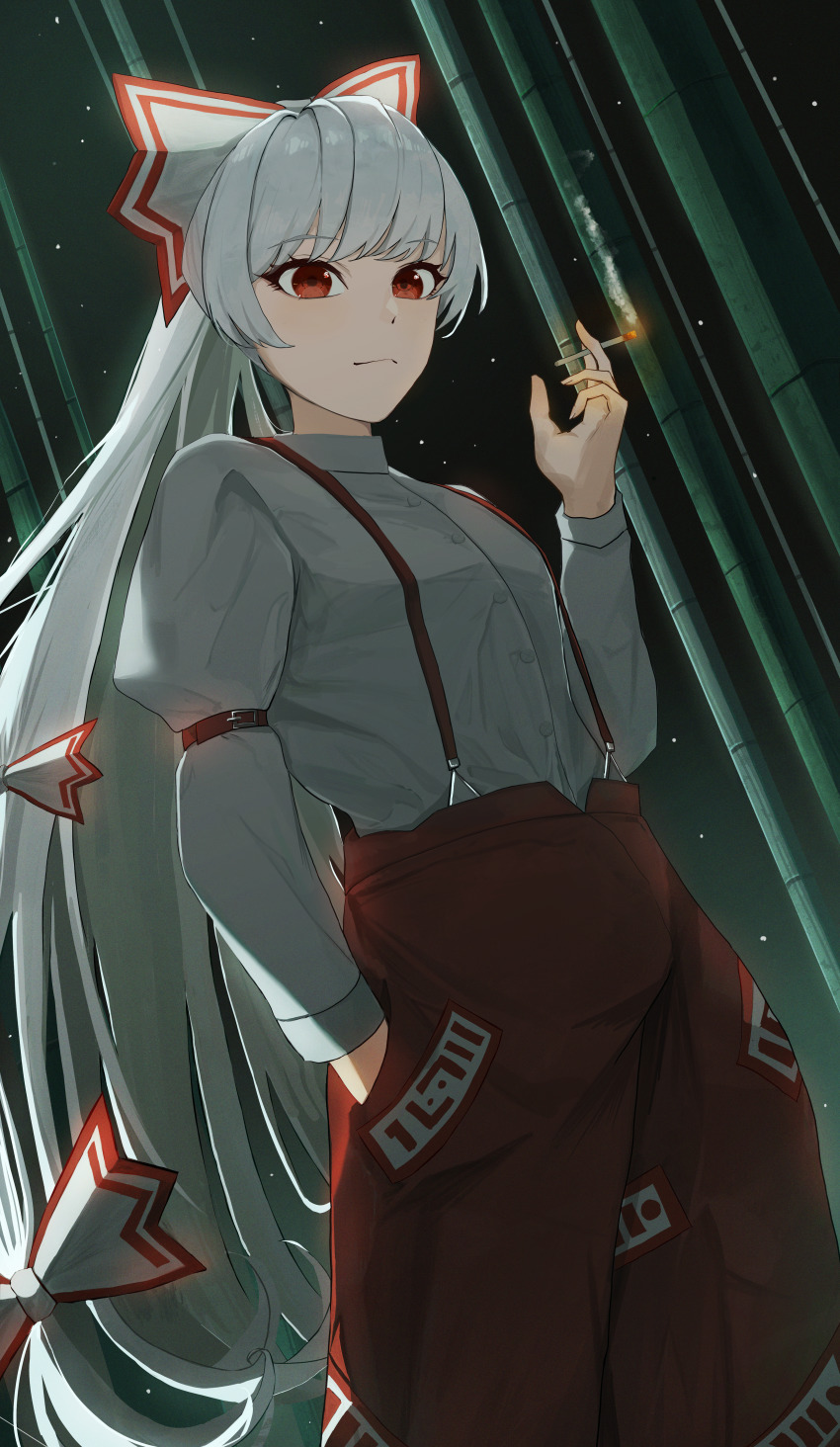 1girl absurdres bamboo bow cigarette closed_mouth cowboy_shot fujiwara_no_mokou hair_bow highres holding holding_cigarette long_hair long_sleeves palulap pants red_eyes red_pants shirt solo suspenders touhou white_bow white_hair white_shirt