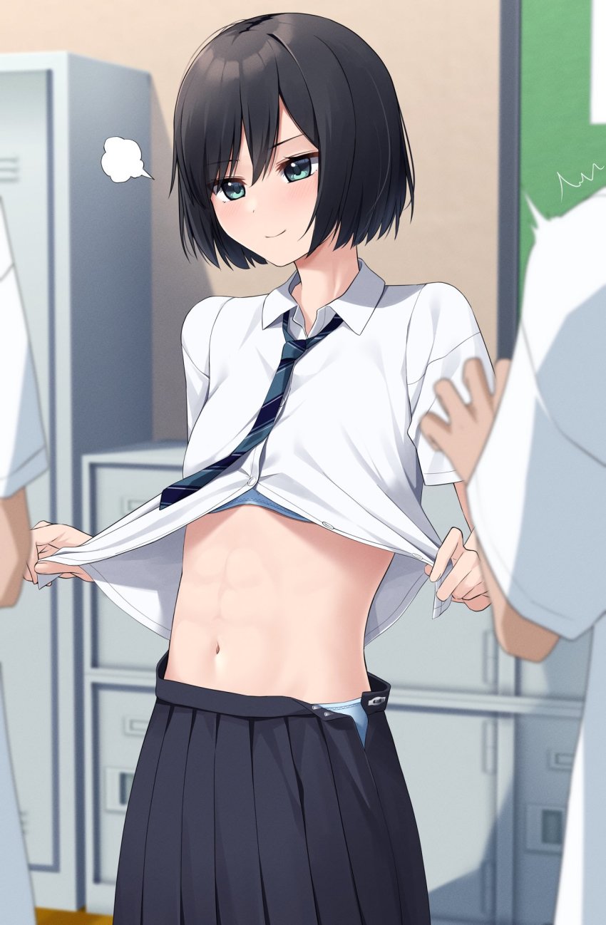 1girl 2boys abs aqua_eyes black_hair blue_neckwear blush clothes_lift highres lifting_own_clothes locker multiple_boys nagio_(kiona) navel necktie original panties panty_peek partially_unbuttoned pleated_skirt school_uniform shirt_lift skirt smile smug solo_focus sports_bra striped_neckwear surprised toned underwear undressing