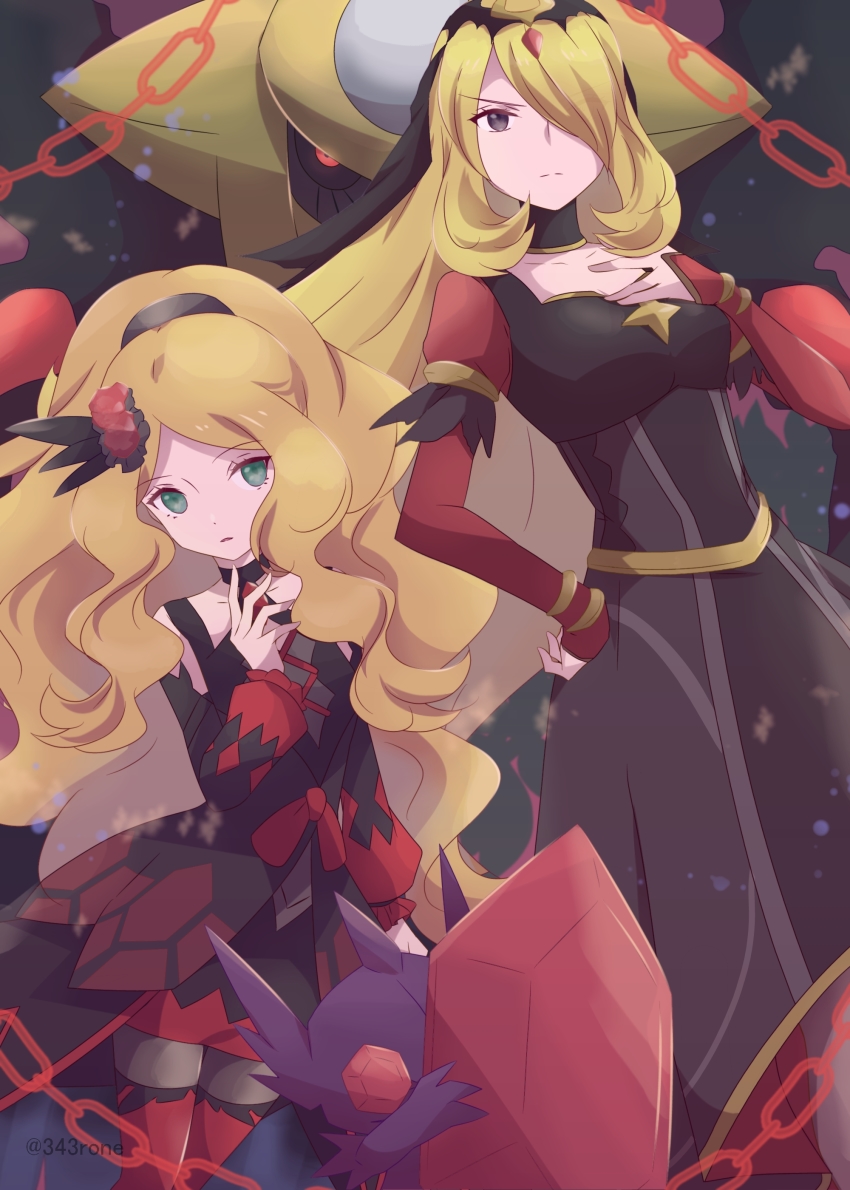 2girls 343rone absurdres blonde_hair breasts caitlin_(fall_2021)_(pokemon) caitlin_(pokemon) chain choker closed_mouth collarbone commentary_request cynthia_(pokemon) cynthia_(sygna_suit)_(renegade)_(pokemon) dragon dragon_wings dress eyelashes gem gen_3_pokemon gen_4_pokemon giratina giratina_(altered) green_eyes grey_eyes hair_ornament hair_over_one_eye hand_on_own_hip hand_up highres legendary_pokemon long_hair long_sleeves medium_breasts mega_pokemon mega_sableye multiple_girls nintendo official_alternate_costume pokemon pokemon_(creature) pokemon_masters_ex sableye sidelocks split_mouth twitter_username veil very_long_hair wavy_hair wings