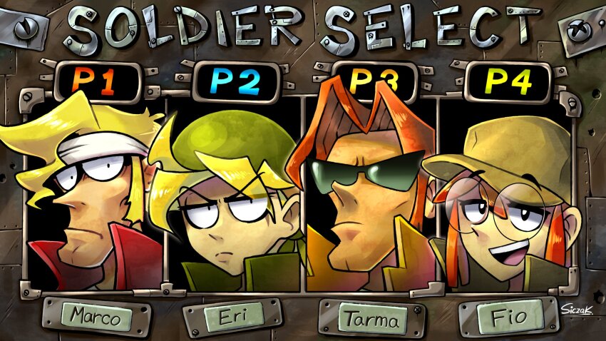 2boys 2girls :d bandana baseball_cap blonde_hair brown_hair fio_germi glasses green_bandana green_vest hat headband highres kasamoto_eri looking_at_viewer marco_rossi metal_slug multiple_boys multiple_girls open_mouth orange_hair parody red_vest round_eyewear serious siczak smile snk sunglasses tarma_roving upper_body vest white_headband yellow_vest