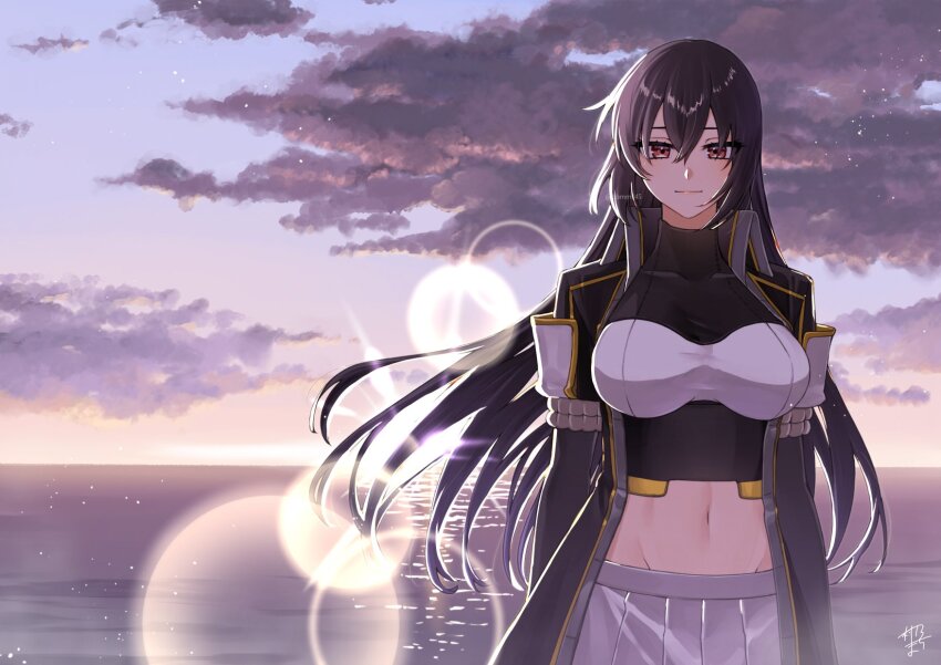1girl black_hair breasts closed_mouth cloud commentary_request commission hair_between_eyes highres kantai_collection large_breasts long_hair looking_at_viewer machi_(ritovoyage) midriff nagato_(kancolle) nagato_kai_ni_(kancolle) navel ocean outdoors pleated_skirt red_eyes signature skeb_commission skirt sky solo sunrise twitter_username very_long_hair water white_skirt