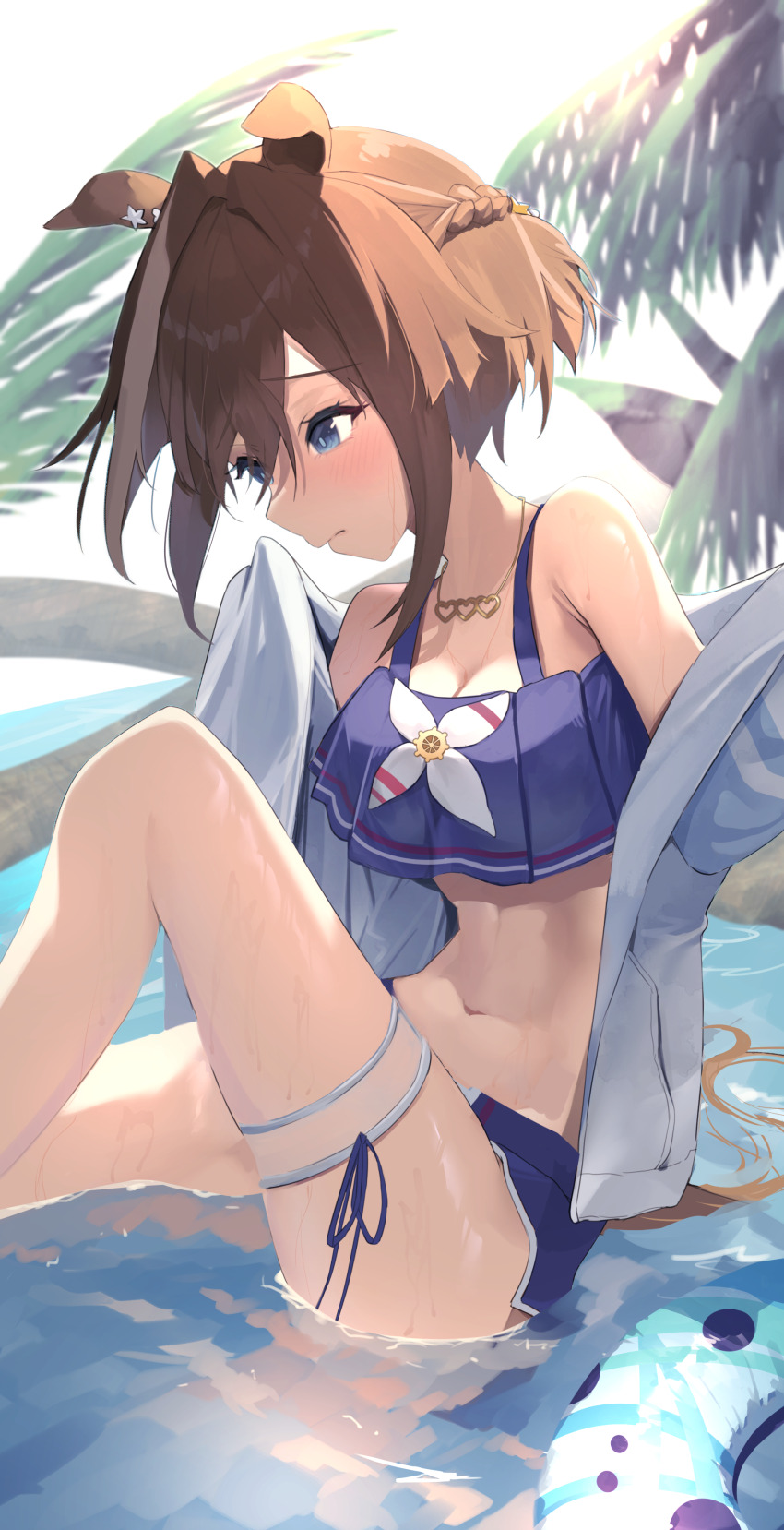 1girl absurdres animal_ears bare_shoulders bikini bikini_shorts blue_bikini blue_eyes blue_swim_trunks blush braid breasts brown_hair cheval_grand_(summer_calm_navy_drop)_(umamusume) cheval_grand_(umamusume) cleavage closed_mouth commentary_request hair_between_eyes half_up_braid heart heart_necklace highres horse_ears horse_girl horse_tail innertube jacket jewelry medium_breasts medium_hair multicolored_hair navel necklace official_alternate_costume official_alternate_hairstyle outdoors palm_tree rain_yadori shorts sitting solo stomach streaked_hair swim_ring swimsuit tail tree umamusume water white_jacket white_streaks