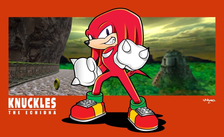 clenched_hands full_body game_screenshot_inset grin highres knuckles_the_echidna looking_at_viewer mittens purple_eyes red_background red_footwear red_fur ring_(sonic) ruins sharp_teeth signature smile sonic_(series) sonic_adventure sonicthebluestar standing teeth white_mittens